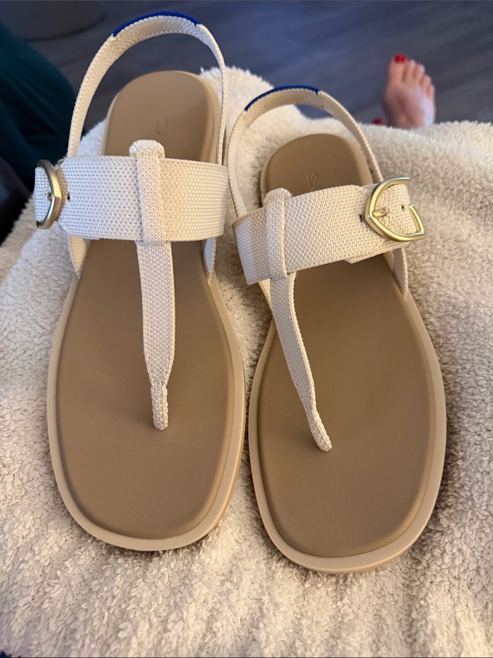 Rothy’s T Strap Beige Canvas Sandals - Lightweight Summer Comfort